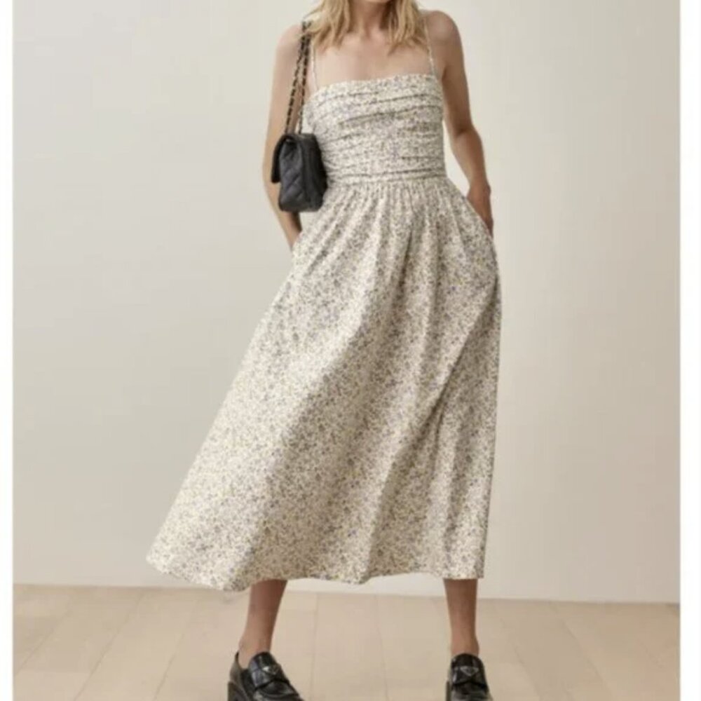 NWT Reformation Lissa Midi Dress Pixie Ditsy Floral Ruched Strapless Size 6